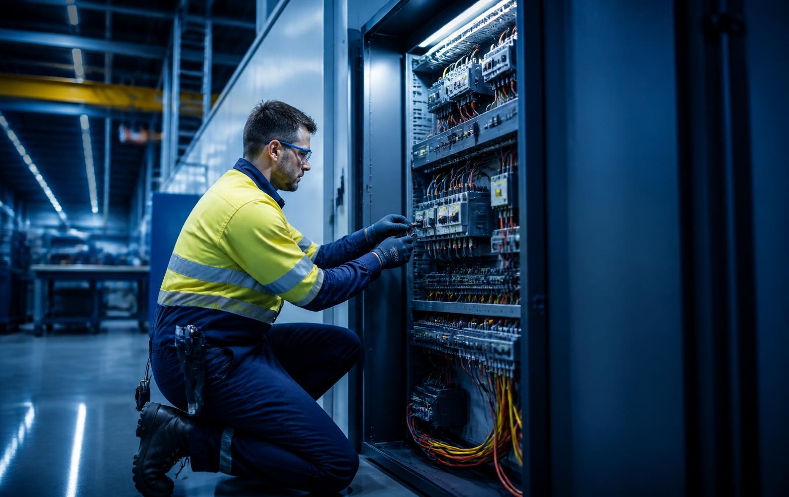Electrician working on an industrial switchboard